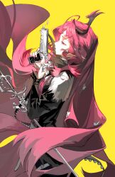 1girl absurdres ahoge arknights character_name chinese_commentary commentary_request cowboy_shot curled_horns from_side gun haibian_dapaopao handgun highres holding holding_gun holding_weapon horns long_hair nail_polish nymph_(arknights) pink_eyes pink_hair pink_nails pointy_ears profile simple_background solo staff very_long_hair weapon yellow_background