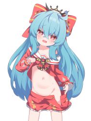 1girl absurdres bianca_(black_survival) black_survival blue_hair commentary_request cowboy_shot eternal_return:_black_survival highres korean_commentary loli long_hair long_sleeves looking_at_viewer navel open_clothes open_mouth open_skirt puffy_long_sleeves puffy_sleeves red_shirt red_skirt sailor_collar sailor_shirt shirousagi_(user_erwx7425) shirt simple_background skirt solo very_long_hair wavy_mouth white_background white_sailor_collar
