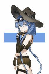 1girl absurdres alternate_costume bare_shoulders belt black_arm_warmers black_camisole black_gloves black_shorts blue_background blue_eyes blue_hair blush braid braided_twintails breasts brown_hat camisole commentary_request cowboy_hat cowboy_shot crop_top crossed_bangs dated fingerless_gloves from_side gloves goggles goggles_on_head hair_between_eyes hair_over_shoulder hand_on_own_chin hat highres long_hair looking_at_viewer looking_to_the_side low_ponytail midriff mushoku_tensei ponytail revision roxy_migurdia second-party_source short_shorts shorts shoulder_blush sideways_glance simple_background small_breasts smile solo spaghetti_strap thigh_strap twin_braids twintails two-tone_background very_long_hair white_background yisjhui