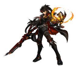 1boy belt belt_buckle black_belt black_boots black_cape black_choker black_gloves black_hair black_pants black_shirt boots brooch buckle cape choker closed_mouth collarbone collared_cape collared_shirt dark-skinned_male dark_skin elsword fire floating_hair frown full_body game_cg gloves grey_belt hair_between_eyes highres holding holding_sword holding_weapon hwansang jewelry knee_boots knee_pads legs_apart long_hair long_sleeves male_focus mechanical_arms multicolored_hair nova_imperator_(elsword) official_art one_side_up orange_eyes pants pectoral_cleavage pectorals pyrokinesis raven_cronwell red_cape red_eyes second-party_source shirt single_glove single_mechanical_arm single_sleeve solo spiked_hair standing streaked_hair sword tachi-e thigh_belt thigh_strap transparent_background two-sided_cape two-sided_fabric very_long_hair weapon