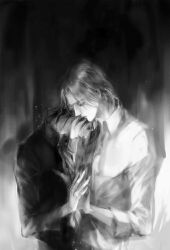 2boys alternate_costume alternate_hairstyle alternate_universe closed_mouth collared_shirt contemporary greyscale half-closed_eyes hand_on_another&#039;s_chest head_on_another&#039;s_shoulder height_difference holding_hands hug kcllzas163 lan_wangji light_particles long_sleeves looking_at_another male_focus modao_zushi monochrome multiple_boys profile shirt short_hair third-party_source upper_body wei_wuxian yaoi