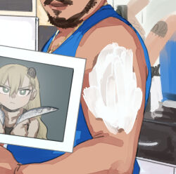 1boy 1girl animal beard black_choker black_tank_top blonde_hair blue_tank_top bright_pupils brown_hair choker closed_mouth collarbone cosplay facial_hair fish foam from_side frown gold_necklace green_eyes head_out_of_frame highres holding holding_animal holding_fish insect_hair_ornament jewelry lara_croft lara_croft_(cosplay) long_hair looking_at_viewer matangom matangomu-chan necklace open_mouth original parody photo-referenced photo_(object) pillbug pose_request reference_request sanpaku serious tank_top tomb_raider v-shaped_eyebrows white_pupils x_arms