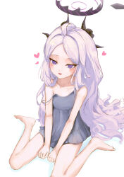 1girl absurdres ahoge barefoot blue_archive blush breasts demon_girl demon_horns heart highres hina_(blue_archive) horns long_hair looking_at_viewer mienpp off_shoulder purple_eyes simple_background sitting small_breasts solo white_background white_hair