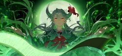 1girl bow bowtie closed_mouth commentary_request dress ex-keine full_moon game_cg green_dress green_hair green_moon grey_hair horn_bow horn_ornament horns kamishirasawa_keine long_hair long_sleeves looking_at_viewer mayo_(becky2006) moon multicolored_hair official_art red_bow red_bowtie red_eyes scroll solo third-party_source touhou touhou_gensou_eclipse two-tone_hair very_long_hair wide_sleeves