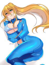 Rule 34 | 1girl, arms under breasts, ass, bikini, blonde hair, blue bikini, blue bodysuit, blush, bodysuit, breasts, closed mouth, commentary, commentary request, english commentary, feet out of frame, grabbing own breast, green eyes, hair between eyes, high ponytail, highres, large breasts, long bangs, long hair, looking at viewer, lying, metroid, mole, mole under mouth, mr-poritan, navel, nintendo, nipple slip, nipples, on side, open bodysuit, open clothes, ponytail, samus aran, sidelocks, simple background, smile, solo, swimsuit, translation request, variant set, white background, zero suit