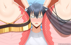 0_0 1boy 2girls black_hair blacksaikou blank_eyes blush commentary english_commentary girl_sandwich kurusu_kimihito lamia long_hair looking_at_viewer mature_female miia&#039;s_mother miia_(monster_musume) mole mole_on_crotch monster_girl monster_musume_no_iru_nichijou mother_and_daughter multiple_girls navel navel_piercing no_panties nose_blush open_mouth orange_hair out_of_frame panties piercing revealing_clothes sandwiched sarong scales shirt stomach sweatdrop underwear very_long_hair white_panties white_shirt