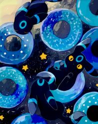 alternate_color closed_eyes donut eating food from_above gen_2_pokemon lil looking_at_another looking_at_viewer looking_up nintendo no_humans pokemon pokemon_(creature) reclining shiny_pokemon sitting sky sprinkles star_(sky) star_(symbol) starry_sky toes umbreon yellow_eyes