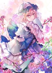 1girl back_bow blue_bow blue_bowtie blue_garter blue_hat blue_kimono bow bowtie branch bud bug butterfly cherry_blossoms closed_mouth collar commentary_request flower frilled_bow frilled_collar frilled_garter frilled_hat frilled_kimono frilled_sleeves frills hand_on_own_chin hat insect japanese_clothes kazu_(muchuukai) kimono light_smile long_sleeves looking_ahead mob_cap orange_background outdoors pink_eyes pink_flower pink_hair ribbon-trimmed_bow ribbon-trimmed_collar ribbon_trim saigyouji_yuyuko see-through_clothes see-through_veil short_hair sleeve_bow sleeve_garter sleeves_past_fingers sleeves_past_wrists solo spiral_print touhou triangular_headpiece veil waist_bow white_collar white_veil wide_sleeves