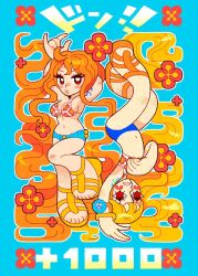 2girls alternate_form arm_behind_head arms_up blue_shorts breasts brown_eyes cleavage clenched_teeth denim denim_shorts dual_persona eyelashes fake_trading_card flat_chest flower frown hand_on_own_chest highres knee_up light_blush log_pose long_hair looking_at_viewer medium_breasts micro_shorts midriff multiple_girls nami_(one_piece) navel numbered official_alternate_costume one_piece orange_hair outline pablo_picasso_(style) parody parted_lips red_flower rotational_symmetry sandals second-party_source shorts shoulder_tattoo sound_effects style_parody tattoo teeth thomdrower upside-down very_long_hair white_outline