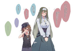 2girls breasts brown_eyes closed_eyes covering_own_mouth duel_monster exosister_irene exosister_sophia green_hair hairband hand_over_own_mouth hat highres implied_after_sex jewelry large_breasts long_hair looking_to_the_side multiple_girls necklace open_mouth own_hands_together shun_no_shun simple_background skirt smile speech_bubble translation_request white_background yu-gi-oh! yuri