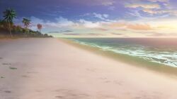 beach cloud cloudy_sky footprints forest glowing grass haze highres horizon morning nature no_humans non-web_source official_art our_life:_beginnings_and_always palm_tree sand scenery sky sunlight tree water