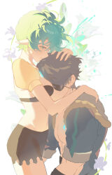 1boy 1girl between_breasts black_shorts blue_jacket breasts brown_hair closed_mouth commentary eyepatch floral_background flower green_eyes green_hair hair_between_eyes head_between_breasts highres hug jacket light_smile linka_(xenoblade) medium_breasts open_clothes open_jacket pandoria_(xenoblade) pointy_ears puffy_short_sleeves puffy_sleeves short_shorts short_sleeves shorts toki0830 white_background white_flower xenoblade_chronicles_(series) xenoblade_chronicles_2