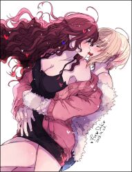 2girls amane_(7783) black_camisole blonde_hair blue_eyes blush breasts camisole cardigan cleavage closed_eyes commentary_request dated heart hickey highres hug hug_from_behind ichinose_shiki idolmaster idolmaster_cinderella_girls large_breasts leg_between_thighs long_hair miyamoto_frederica multiple_girls open_cardigan open_clothes open_mouth pink_cardigan red_hair short_hair simple_background smile sweat tongue tongue_out white_background yuri