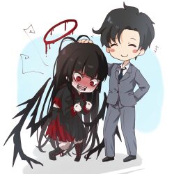 Rule 34 | 1boy, 1girl, antenna hair, black hair, black shirt, black skirt, blood, blood on clothes, blue archive, blue archive the animation, blunt bangs, blush, chibi, closed eyes, deformed, flustered, formal clothes, full body, headpat, highres, kneeling, komena (shinyday312), midriff peek, red eyes, sensei (blue archive), sensei (blue archive the animation), shirt, skirt, smile, suit, white background, wings