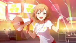 1girl brown_eyes brown_hair cheer_with_my_heart!_(project_sekai) colorful_palette game_cg highres holding holding_megaphone megaphone meiko_(vocaloid) more_more_jump!_meiko official_art open_mouth project_sekai shirt short_hair white_shirt