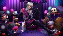 1boy absurdres argyle_clothes argyle_coat armchair balloon bird black_corset black_gloves black_hat black_shorts black_sleeves blue_eyes blue_hair bomb bone boots box cannon cardboard_box chair coat commentary corset creature crescent_(cgcrescent) crossed_bangs crown curtains door duck english_commentary explosive floral_print flower full_body gavis_bettel glint gloves grey_hair grin hair_between_eyes hand_on_own_chin hat heterochromia high_heel_boots high_heels highres holostars holostars_english indoors jack-in-the-box jerry_(gavis_bettel) knee_up layered_sleeves lily_(flower) lily_print lips long_sleeves looking_at_viewer male_focus medium_hair microphone mini_chair notebook object_request official_art oil-paper_umbrella on_chair outstretched_hand phantom_(gavis_bettel) pink_coat pink_eyes pink_hair poker_chip purple_coat scarf shorts sign sitting skull smile solo striped_coat suspenders table tablecloth tassel thigh_boots toe_cleavage tomato top_hat umbrella unworn_crown unworn_hat unworn_headwear v-neck vertical-striped_coat vintage_microphone virtual_youtuber white_flower white_scarf