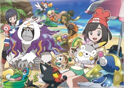 1girl 2boys absurdres beach beanie black_hair blue_eyes dark-skinned_male dark_skin eating elio_(pokemon) gen_1_pokemon gen_2_pokemon gen_7_pokemon hair_brush hair_dryer hat hau_(pokemon) highres lens_flare litten multiple_boys nintendo official_art oomura_yuusuke open_mouth oranguru pikipek poke_bean pokemon pokemon_(creature) pokemon_refresh pokemon_sm popplio porygon red_hat rowlet selene_(pokemon) shirt short_hair smile soap_bubbles sparkle starter_pokemon_trio t-shirt themed_object togedemaru towel tyranitar unworn_hat unworn_headwear yungoos