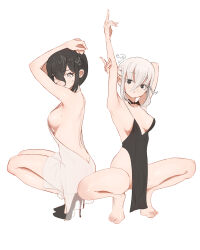2girls absurdres arms_up bare_shoulders barefoot black_dress black_eyes black_hair breasts dress grey_eyes high_heels highres looking_at_viewer mawaw medium_breasts medium_hair multiple_girls no_bra no_panties original sideboob spread_legs squatting white_background white_dress white_hair