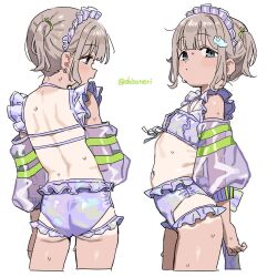 1girl ass back blue_eyes breasts brown_hair detached_sleeves frills idolmaster idolmaster_shiny_colors maid_headdress median_furrow navel petite ribs see-through_clothes see-through_sleeves serizawa_asahi shisoneri short_hair shoulder_blades simple_background small_breasts sweat tan tanline twintails white_background