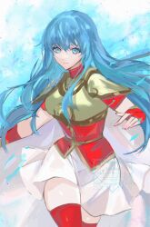 1girl armor aura blue_aura blue_eyes blue_hair breastplate breasts cape closed_mouth eirika_(fire_emblem) fingerless_gloves fire_emblem fire_emblem:_the_sacred_stones fire_emblem_engage gloves helen_(helen2210hk) highres holding jewelry long_hair looking_at_viewer nintendo pauldrons rapier red_gloves red_thighhighs shoulder_armor skindentation skirt smile solo sword thighhighs thighs weapon