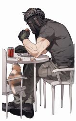 1boy absurdres animal belt black_belt black_gloves black_shirt burger calico_(pattern) calico_cat call_of_duty call_of_duty:_modern_warfare_2 can cargo_pants cat chair commentary crossed_ankles crumbs drink_can eating elbow_rest english_commentary food food_wrapper gloves grey_eyes grey_pants helmet highres holding holding_burger holding_food konig_(call_of_duty) looking_at_viewer male_focus mask multicolored_cat multiple_scars muscular muscular_male niktatek0 on_chair pants plate scar scar_on_arm shirt shoes short_sleeves simple_background sitting soda soda_can t-shirt white_background