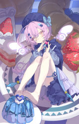 1girl absurdres ahoge apple beret blue_bow blue_cloak blue_dress blue_flower blue_hat bow cake cake_slice cloak commentary_request detached_wings dress expressionless feet flower food fruit full_body gelatin hair_flower hair_ornament hat hat_bow head_tilt highres holding holding_food holding_fruit hood hood_down hooded_cloak kele_mimi long_hair long_sleeves looking_at_viewer mini_person minigirl no_shoes on_plate original panties panties_under_pantyhose pantyhose pantyshot pink_hair puffy_long_sleeves puffy_sleeves sitting solo strawberry strawberry_cake thigh_strap underwear upskirt white_panties white_pantyhose white_wings wings yellow_eyes