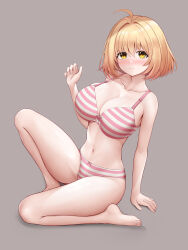 1girl absurdres blonde_hair blush bra breasts haru_estia hetero highres holding incredibly_absurdres karurega large_breasts light_smile panties soulworker standing striped_bra striped_clothes striped_panties underwear