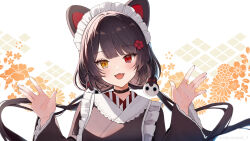 1girl :d \||/ animal_ears black_kimono blush brown_hair commentary_request dog_ears dog_girl fangs hands_up heterochromia highres inui_toko japanese_clothes kimono long_hair long_sleeves looking_at_viewer low_twintails maid maid_headdress miyanami_3 nijisanji open_mouth portrait red_eyes smile solo twintails virtual_youtuber wa_maid wide_sleeves yellow_eyes