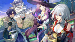 Rule 34 | 1boy, 2girls, ancient greek clothes, architecture, black bra, black gloves, blue dress, blue eyes, blue sky, book, bra, bra peek, breasts, bridge, cleavage, colored inner hair, commentary request, crossed arms, dr. ratio (honkai: star rail), dress, east asian architecture, fingerless gloves, fukuoka prefecture, gloves, greco-roman clothes, guest art, highres, holding, holding book, honkai: star rail, honkai (series), jade (honkai: star rail), japan, jewelry, large breasts, large hat, long hair, multicolored hair, multiple girls, nao (syn eaa), necklace, open mouth, outdoors, purple gloves, purple hair, real world location, red hair, shirt, short hair, sky, slit pupils, snake, toga, topaz (honkai: star rail), two-tone hair, underwear, water, white shirt, wooden bridge