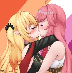 Rule 34 | 1girl, aivy lovencraf, blonde hair, breasts, chromashift, elf, female focus, green eyes, hag, kiss, lesbian couple, long hair, multicolored hair, necromancer, nude, pink hair, pointy ears, red eyes, red hair, ruby runeheart, small breasts, solo, solo focus, two-tone hair, virtual youtuber, vtuber fanart, witch, yuri