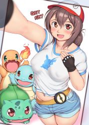 1girl :d baseball_cap black_gloves blurry blush breasts brown_hair bulbasaur character_print charmander collarbone commentary_request covered_erect_nipples depth_of_field fangs feet_out_of_frame female_protagonist_(pokemon_go) fingerless_gloves fire flame-tipped_tail gen_1_pokemon gloves green_eyes hair_between_eyes hat highres holding long_hair looking_at_viewer medium_breasts navel nintendo open_mouth orizen pikachu plump pokemon pokemon_(creature) pokemon_go ponytail print_shirt puffy_nipples red_eyes selfie shirt short_sleeves simple_background smile squirtle starter_pokemon_trio tail tareme translation_request white_background white_shirt