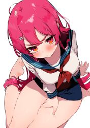 1girl absurdres arataka_mimi arm_support barefoot blush braid breasts closed_mouth cmyk:_sameda_kazuou_wa_chuunibyou_ga_naosenai from_above glaring hair_ornament hairclip hand_between_thighs highres koba large_breasts long_hair looking_at_viewer looking_up micro_shorts pink_hair red_eyes sailor_collar shorts side_braid sitting solo textless_version thick_thighs thighs thighs_together wariza white_background white_sailor_collar