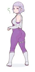 Rule 34 | 1girl, ?, absurdres, ass, bare shoulders, belt, bodystocking, boots, dot nose, elf, eyelashes, fday, fortuna (re:zero), full body, hair ornament, hairclip, highres, long sleeves, looking at viewer, looking back, pointy ears, purple eyes, re:zero kara hajimeru isekai seikatsu, short hair, solo, standing, thigh belt, thigh strap, tight clothes, white background, white hair