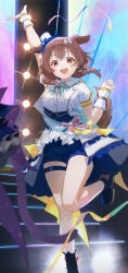 2girls :3 :d absurdres animal_ears aqua_bow aqua_bowtie arm_up back_bow blue_corset blue_shorts blue_socks bone_hair_ornament boots bow bowtie braid breasts brown_eyes brown_hair cartoon_bone cat_tail collared_shirt commentary concert confetti corset dog_ears dog_girl dog_tail double-parted_bangs extra_ears feet_up frilled_skirt frills gold_trim hair_between_eyes hair_bow hair_ornament hair_ribbon hairclip hand_up hat high_heel_boots high_heels highres hololive hololive_idol_uniform_(bright) idol idol_clothes inugami_korone isolatediev jacket large_bow layered_skirt long_hair low_twin_braids mini_hat mini_top_hat miniskirt multiple_girls nekomata_okayu open_mouth outstretched_arm overskirt puffy_short_sleeves puffy_sleeves ribbon sash shirt short_sleeves shorts skirt smile socks solo_focus stage standing standing_on_one_leg tail teeth thigh_strap tilted_headwear top_hat twin_braids underboob upper_teeth_only virtual_youtuber waist_bow white_hat white_jacket white_shirt white_skirt wrist_cuffs