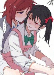 2girls adversarial_noise apron black_hair blue_bow blue_bowtie blush bow bowtie closed_mouth collared_shirt commentary green_bow green_bowtie grey_sweater_vest hashtag-only_commentary highres long_hair love_live! love_live!_school_idol_project medium_hair multiple_girls nishikino_maki otonokizaka_school_uniform parted_lips pink_apron purple_eyes red_eyes red_hair school_uniform shirt simple_background sleeves_rolled_up surfacedxxc sweat sweater_vest twintails white_background white_shirt yazawa_nico yuri