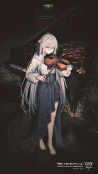 1girl ascot barefoot black_nails black_ribbon blood blue_ascot blue_skirt bow_(music) braid collared_shirt commentary_request door earrings exit_sign expressionless flesh flower frilled_shirt frills from_side full_body grass hair_flower hair_ornament hair_ribbon half_up_braid highres holding holding_bow_(music) instrument jewelry long_hair long_skirt long_sleeves mole music nail_polish night original outdoors piano piano_bench playing_instrument puffy_long_sleeves puffy_sleeves red_eyes red_flower ribbon scenery shirt skirt solo standing toenail_polish toenails very_long_hair violin white_hair white_shirt yurika-r