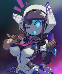 Rule 34 | 1boy, 1girl, :d, bar censor, blue eyes, blue sclera, blush stickers, breasts, censored, colored sclera, colored skin, dia (world flipper), disembodied penis, handjob, hetero, leotard, looking at viewer, mechanical skirt, medium breasts, one eye closed, open mouth, penis, perky breasts, pinky out, pochincoff, robophilia, robot ears, robot girl, skirt, smile, solo focus, testicles, upper body, white skin, world flipper