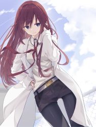 Rule 34 | 1girl, belt, black pantyhose, black shorts, blue eyes, chain-link fence, cloud, cloudy sky, commentary request, cowboy shot, day, dress shirt, fence, highres, lab coat, long hair, looking at viewer, makise kurisu, necktie, pantyhose, playing with own hair, rb2, red hair, red necktie, shirt, shorts, sky, smile, solo, steins;gate, white shirt, wind