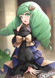 1boy 1girl black_dress blush bush dress drill_hair fire_emblem fire_emblem:_three_houses flayn_(fire_emblem) garreg_mach_monastery_uniform gonzarez green_eyes green_hair hair_ornament hand_up hiding highres long_hair looking_at_viewer nintendo open_mouth ribbon seteth_(fire_emblem) twin_drills