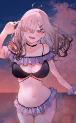 1girl ahoge armpit_crease bare_shoulders beach bikini bikini_skirt black_bikini black_choker black_nails blunt_bangs blush breasts choker cloud cloudy_sky collarbone commentary_request earrings evening fangs fingernails gomo gradient_sky grey_hair grey_scrunchie hair_intakes hair_ornament hair_over_one_eye hairclip hand_up highres jewelry large_breasts long_hair looking_at_viewer mole mole_under_eye multicolored_sky nail_polish navel nijisanji o-ring o-ring_choker open_mouth orange_sky outdoors pink_eyes purple_sky sand scrunchie sky smile solo stomach sukoya_kana sunset swimsuit teeth thighs virtual_youtuber water wrist_scrunchie