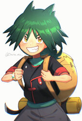 Rule 34 | 1boy, backpack, bag, black jacket, bracelet, commentary request, covered collarbone, glint, green hair, green shirt, grey pants, grin, happy, highres, holding strap, jacket, jewelry, long hair, looking at viewer, male focus, nintendo, omotemuki, pants, pokemon, pokemon (anime), pokemon horizons, shirt, smile, solo, teeth, ult (pokemon), white background, yellow bag, yellow eyes