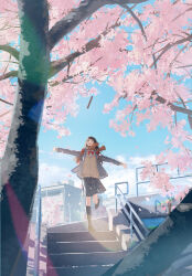 1girl absurdres backpack bag black_socks blue_jacket blue_sky bow bowtie brown_scarf building cherry_blossoms da_tengzi falling_petals graduation highres jacket lapels long_hair looking_up non-circular_lens_flare open_clothes open_jacket open_mouth original outdoors outstretched_arms petals power_lines red_bow red_bowtie scarf school_uniform skirt sky socks solo spread_arms stairs standing standing_on_one_leg tree