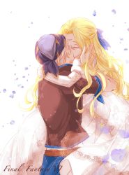 1boy 1girl amano_yoshitaka_design arm_ribbon arms_around_neck black_jacket blonde_hair blue_flower blue_headwear blue_pants blue_ribbon celes_chere closed_eyes couple cowboy_shot dress falling_petals final_fantasy final_fantasy_vi flower ginshachi grey_hair hair_ribbon hand_on_another&#039;s_head hetero highres hug jacket juliet_sleeves kiss lace-up_sleeves locke_cole long_dress long_hair long_sleeves official_alternate_costume pants parted_bangs petals puffy_sleeves ribbon short_hair short_sleeves square_enix white_background white_dress