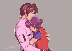 asamiya_athena breasts brown_hair charlyarts hair_bun highres hug idol kusanagi_kyou medium_breasts pale_skin psycho_soldier purple_hair short_hair snk the_king_of_fighters