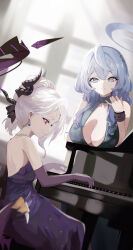 2girls absurdres ako_(blue_archive) ako_(dress)_(blue_archive) blue_archive blue_dress blue_hair breasts commentary cuffs demon_horns demon_wings dress elbow_gloves evening_gown gloves grand_piano grey_hair halo highres hina_(blue_archive) hina_(dress)_(blue_archive) horns indoors instrument jewelry kuromame_(meekaki96) large_breasts looking_at_another multiple_girls music necklace official_alternate_costume piano playing_instrument playing_piano purple_dress purple_gloves shackles smile strapless strapless_dress wings