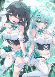 2girls ahoge bare_shoulders black_corset black_hair blush bow bow_skirt breasts cleavage clover_hair_ornament colored_inner_hair commentary_request corset detached_sleeves frilled_thigh_strap gloves green_eyes green_hair green_ribbon hair_bun hair_ornament hair_ribbon halo headset heart highres holding_hands idol idol_clothes large_breasts livia_(mikaze_oto) long_hair looking_at_viewer midriff mikaze_oto miniskirt misuzu_(mikaze_oto) multicolored_hair multiple_girls navel one_eye_closed one_side_up open_mouth original panty_straps ribbon shirt short_sleeves single_side_bun single_thighhigh skirt smile streaked_hair thigh_strap thighhighs twitter_username v white_gloves white_shirt white_skirt white_thighhighs