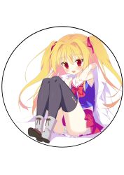 Rule 34 | 1girl, absurdres, black thighhighs, blush, boots, highres, irotoridori no sekai, long hair, looking at viewer, miniskirt, nikaidou shinku, official style, open mouth, panties, pantyshot, red eyes, red ribbon, red skirt, ribbon, sailor collar, sitting, skirt, smile, solo, takakura, thighhighs, two side up, underwear, white panties