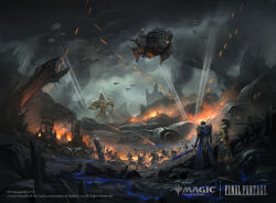 absurdres aircraft airship armor aymeric_de_borel battlefield black_hair cloud cloudy_sky copyright_name copyright_notice dark_clouds davidfrasheski destruction final_fantasy final_fantasy_xiv fire hien_rijin highres magic:_the_gathering mecha official_art robot scenery sky smoke standing sword war weapon