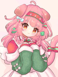1girl ahoge animal_ears arknights blue_bow bow braid brown_background cat_ears cat_girl cat_tail closed_mouth commentary_request goldenglow_(arknights) goldenglow_(maiden_for_the_bright_night)_(arknights) green_shirt hair_bow hair_rings hairband hands_up head_tilt highres long_hair long_sleeves looking_at_viewer pink_hair red_eyes red_hairband shirt simple_background sleeves_past_wrists smile solo tail thick_eyebrows twin_braids yopi_(user_wdgp8532)