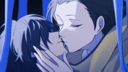 2boys aquam0n1ca black_hair black_trim blue_hair closed_mouth commentary covered_eyes english_commentary eyelashes film_grain hair_slicked_back hand_on_another&#039;s_face imminent_kiss male_focus mochizuki_ryouji mole mole_under_eye multiple_boys parted_lips persona persona_3 scarf short_hair sideburns widow&#039;s_peak yaoi yellow_scarf yuuki_makoto_(persona_3)